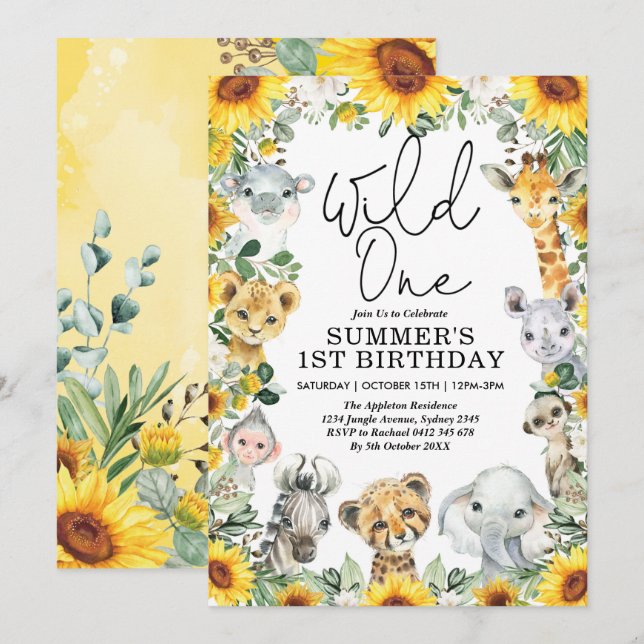Solros Vilda Ett Djungelsafari Djur Födelsedag Inbjudningar (Fram/baksida)