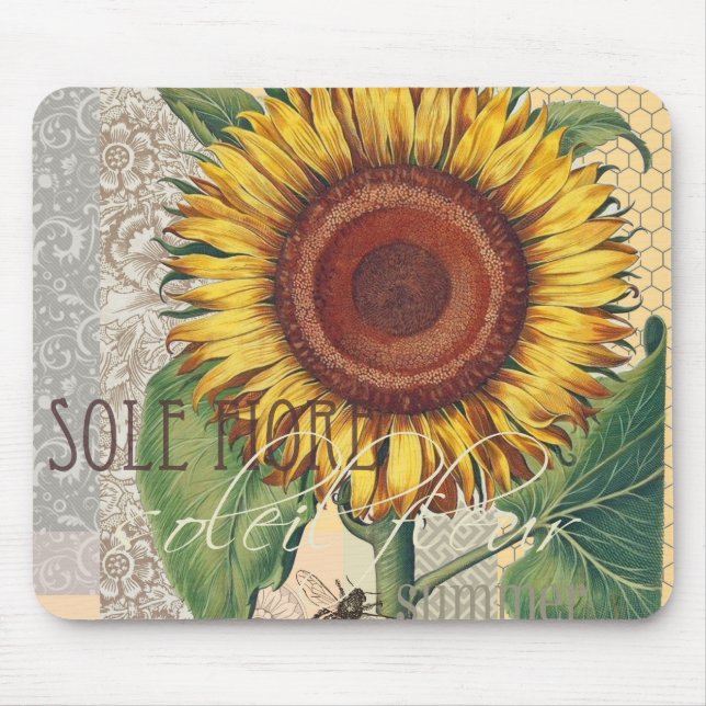 Solros Vintage Damask Blommönster Konst Musmatta (Framsidan)