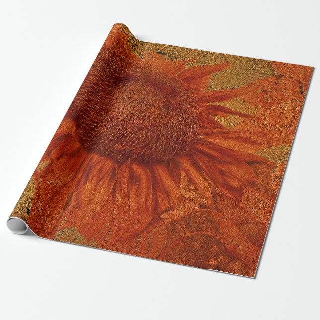 Solros Vintage Orange Guld Struktur Decoupage Presentpapper (Utrullad)