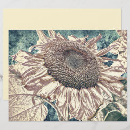 Solros Vintage Teal Sepia Blommigt Decoupage Art