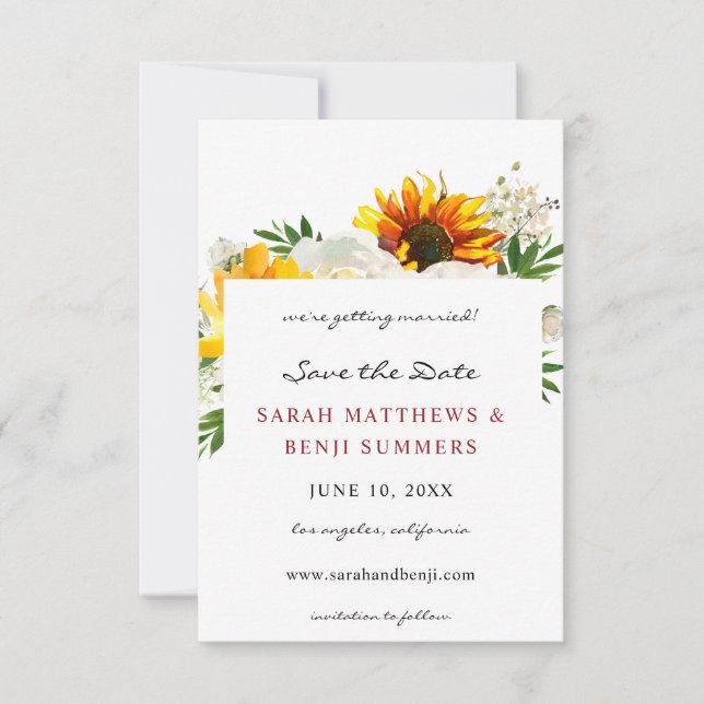 Solros & Vit Blommig Konstnärlig Save The Date V2 Spara Datumet (Framsida)