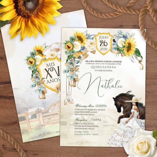 Solros Vit ros Watercolor Charra Quinceanera Inbjudningar (Skapare uppladdad)