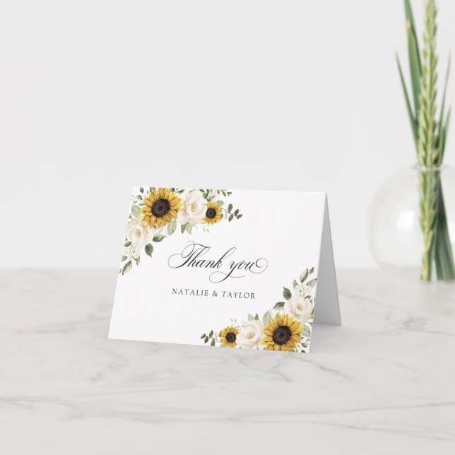 Solros Vita Blommor Grönska Rustik Bröllop Tack Kort (Framsida)