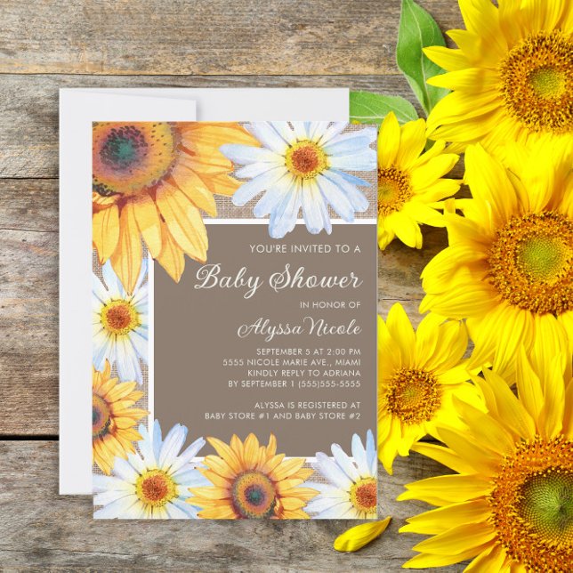 Solros Vita Tusenskönor Jute Bebisens Ankomstfest Inbjudningar (Sunflowers and daisies rustic baby shower invitation)