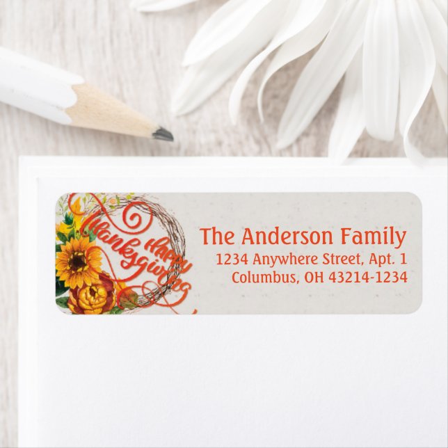 Solros Wandefrand Happy thanksgiving Returadress Etikett (Insitu)