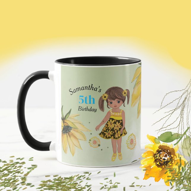 Solros Watercolor Femte tjejen Birthday Mugg (Sunflower Watercolor Fifth Girl Birthday Coffee Mug)