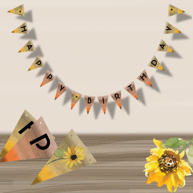 Solros Watercolor Girl Birthday Vimplar (Sunflower Watercolor Girl Birthday Bunting Flags)