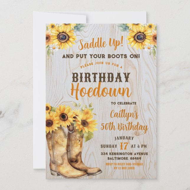 Solros Western Hoedown Rustic Birthday Cowgirl Inbjudningar (Framsida)