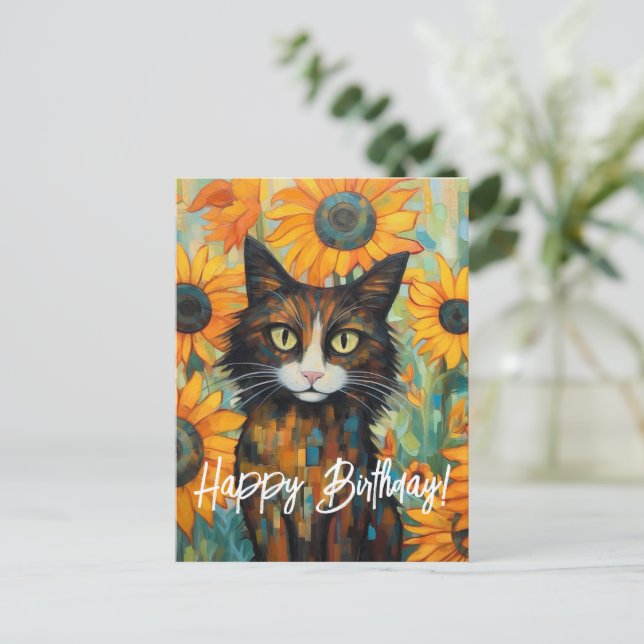 Solros whiskers glädje kattälskares födelsedag vykort (Stående Fram)