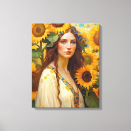 Solros Woman med Wildblomsterkrans Canvastryck