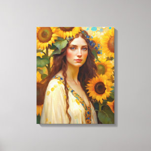 Solros Woman med Wildblomsterkrans Canvastryck