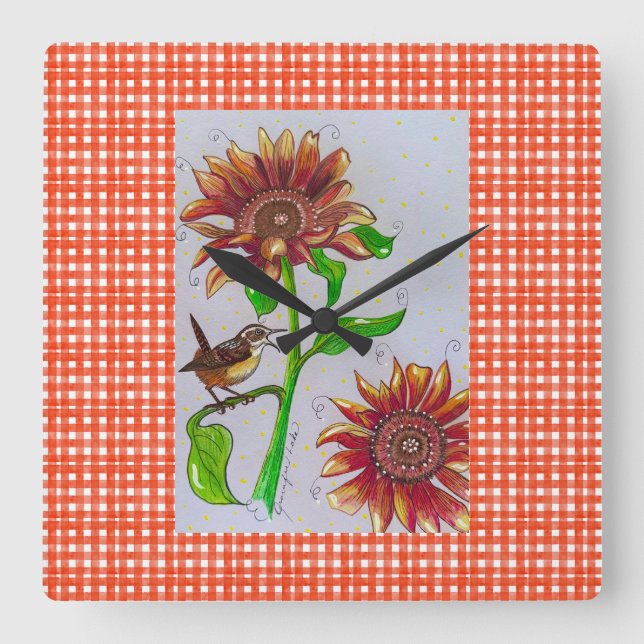 Solros Wren Wall Clock Fyrkantig Klocka (Framsida)