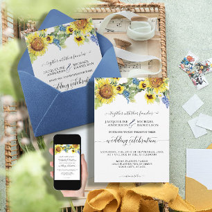 Solrosa Blommigt Blue BOHO Chic Eucalyptus Bröllop Inbjudningar