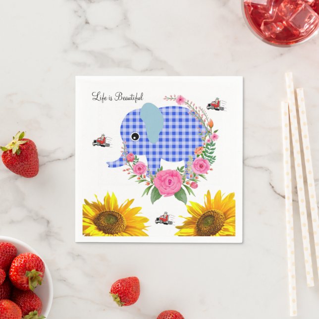 Solrosa Blommigt Blue Elephant Papper Napkins Pappersservett (Insitu)
