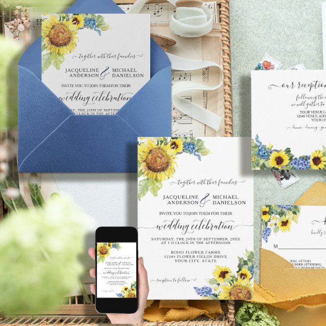 Solrosa Blommigt Blue Eucalyptus BOHO Chic Bröllop Inbjudningar (Skapare uppladdad)
