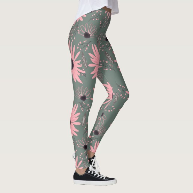Solrosa Blommigtar Rosa Hand plockade Botaniska  Leggings (Höger)