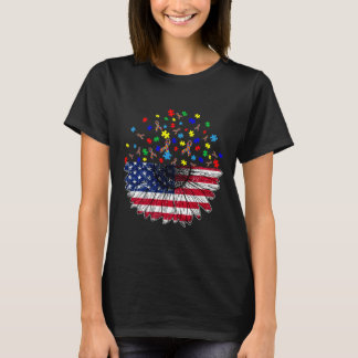 Solrosamerikansk Flagga och autismplussel T Shirt