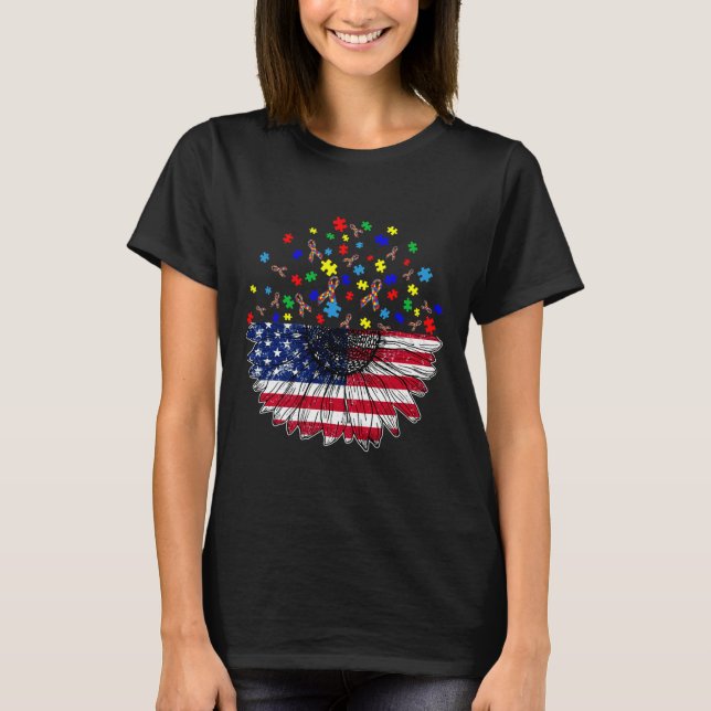 Solrosamerikansk Flagga och autismplussel T Shirt (Framsida)