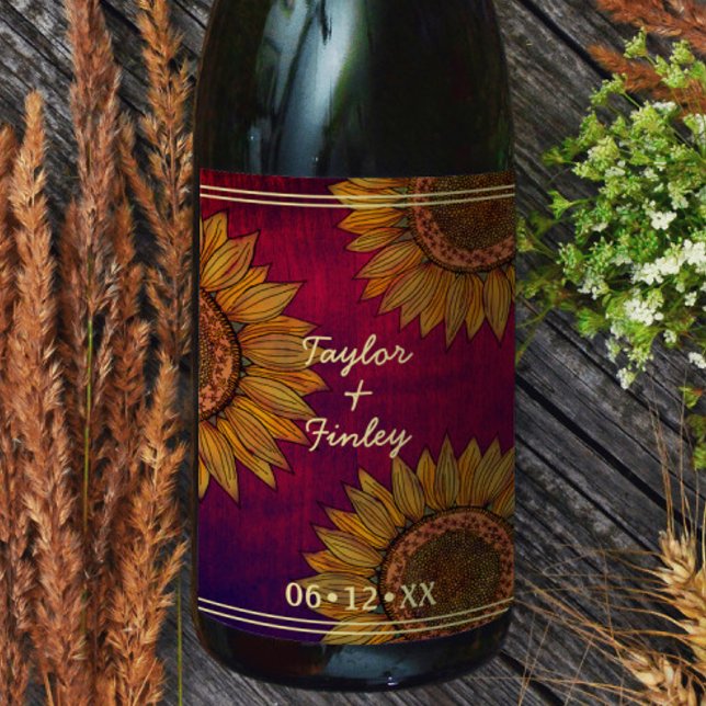 Solrosartikel Rustic Burgundy Personlig Bröllop Vinflaska Etikett (Skapare uppladdad)