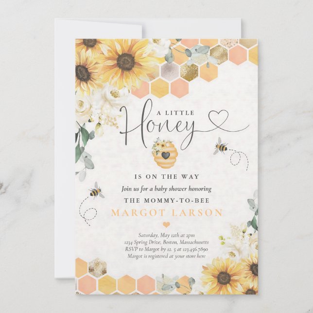 Solrosbi Baby Shower Little Honey Inbjudningar (Framsida)