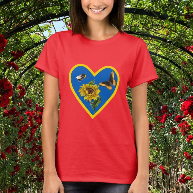Solrosbin och fjärilblått och Gult Heart T Shirt (Skapare uppladdad)