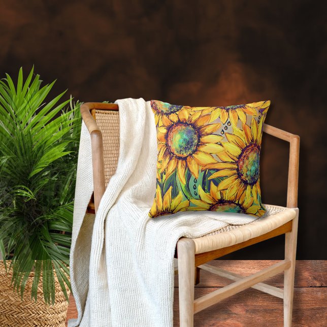 Solrosblå Gult Kudde (Sunflower Yellow Blue Throw Pillow)