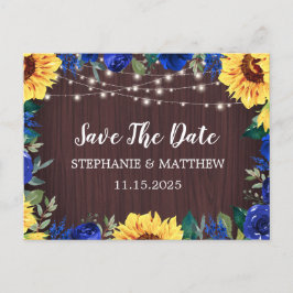 Solrosblått Blommigt Gräns Wood Save Date Meddelande Vykort