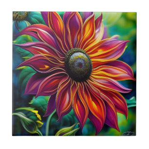 Solrosblomma, röd och Guld Kakelplatta