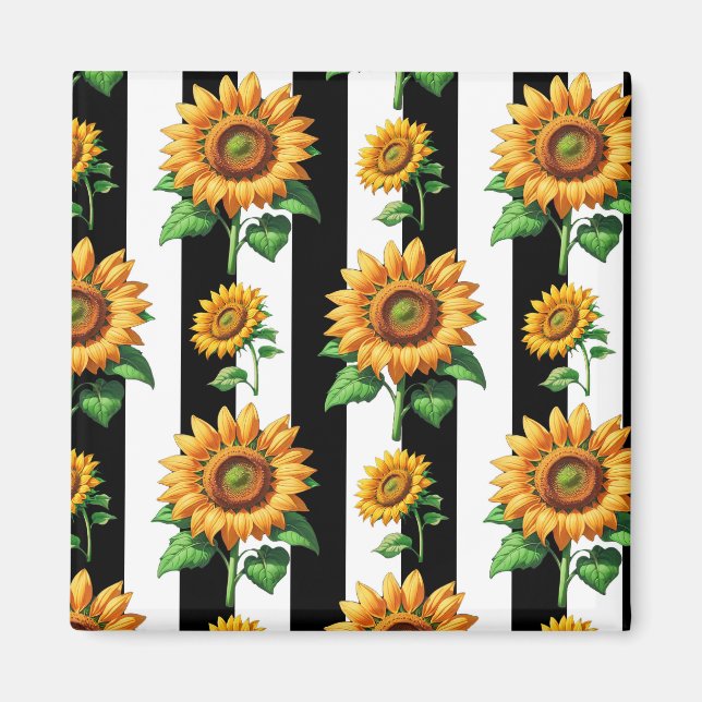 Solrosblomma Svart Vita Ränder  Magnet (Framsidan)