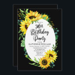 Solrosblomman 30års födelsedag Party | Blommigt av Inbjudningar<br><div class="desc">Klassskt och stilfullt moderna solblommor och eukalyptus grey ram utformar "30års födelsedag Party" på en redigerbar svart bakgrund. Baksidan har en koordinerande solrosbukett även på en redigerbar svart bakgrund.</div>