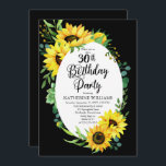 Solrosblomman 30års födelsedag Party | Blommigt av Inbjudningar<br><div class="desc">Klassskt och stilfullt moderna solblommor och eukalyptus grey ram utformar "30års födelsedag Party" på en redigerbar svart bakgrund. Baksidan har en koordinerande solrosbukett även på en redigerbar svart bakgrund.</div>