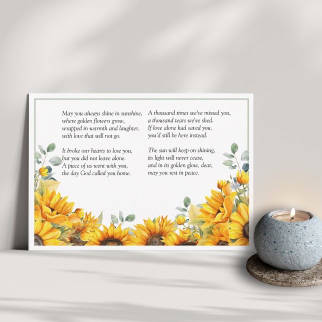 Solrosblomman blommigt ram "För alltid i sol" dikt Tack Kort (Always walk in sunshine, on the day god called you home, poem and sunflowers)