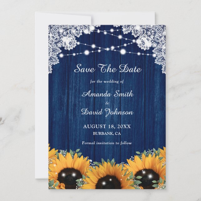 Solrosblomman Bröllop i marinblå skogsträd Spara Datumet (Framsida)