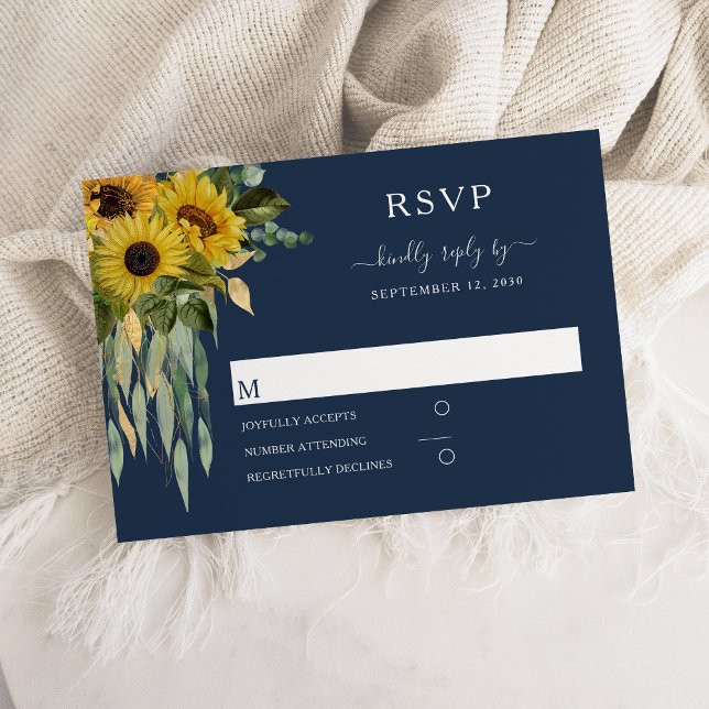 Solrosblomman Bröllop, marinblå Elegant OSA Kort (Navy Blue Elegant Sunflower Wedding RSVP Card)