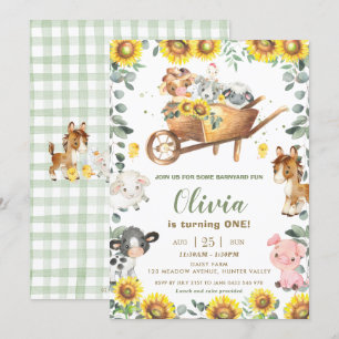 Solrosblomman Grey Boskap Barnyard födelsedag Inbjudningar