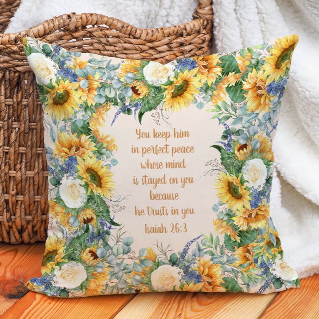 SolrosBlommigt Bible Verse Behålla Perfekt Peace Kudde (Sunflower Christian Bible verse pillow)