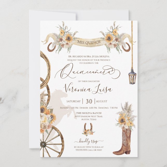 SolrosBlommigt Boho Charro Quinceanera Rustic Inbjudningar (Framsida)