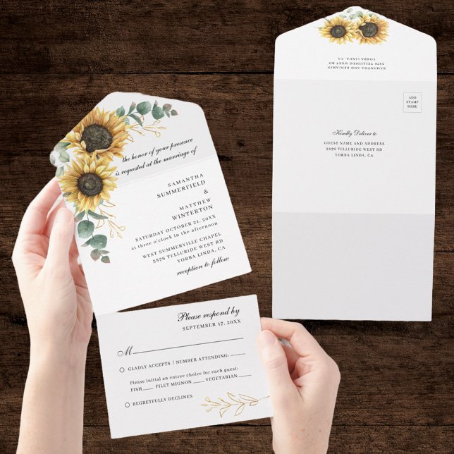 SolrosBlommigt Eucalyptus Botanical Bröllop (Sunflower Eucalyptus Greenery All in One Wedding Invitation)