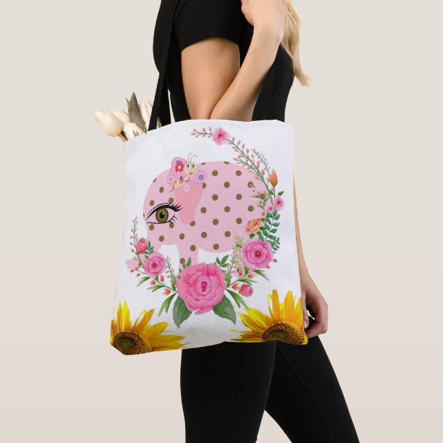 SolrosBlommigt Rosa Elephant Tote Bag Tygkasse (Närbild)