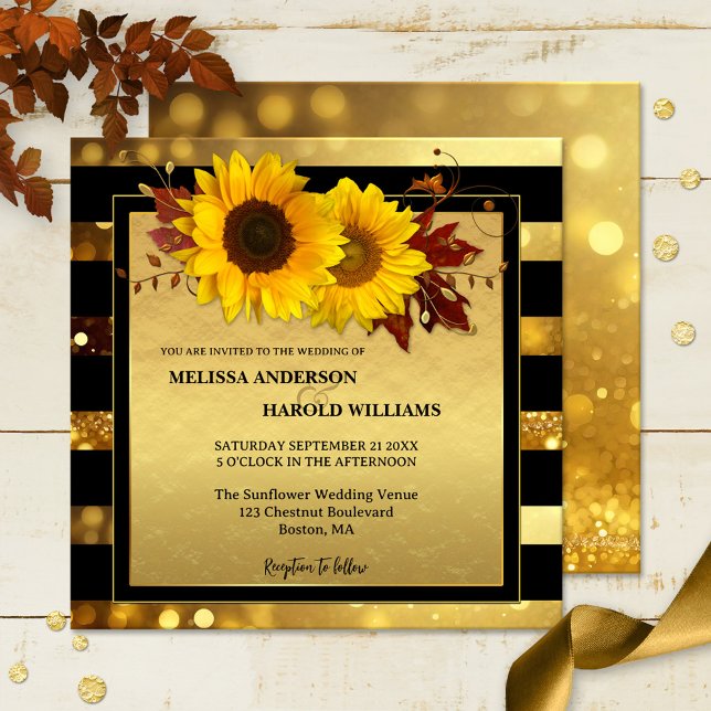 Solrosblommor från Guld Black Stripe Inbjudningar (Wedding invitation featuring two sunflowers on a black and gold glitter sparkling design)