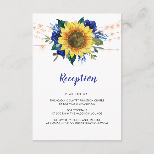 Solrosblommor Ljus Blue Blommigt Wedding Reception Tilläggskort (Framsida)