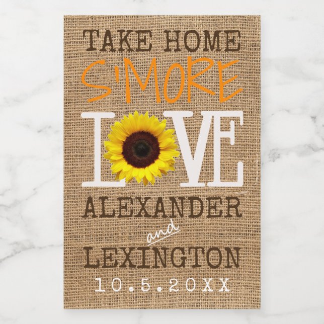 Solrosblommor - nedfall - ta hem mer Kärlek-bröllo Mat Etikett (Singel etikett)