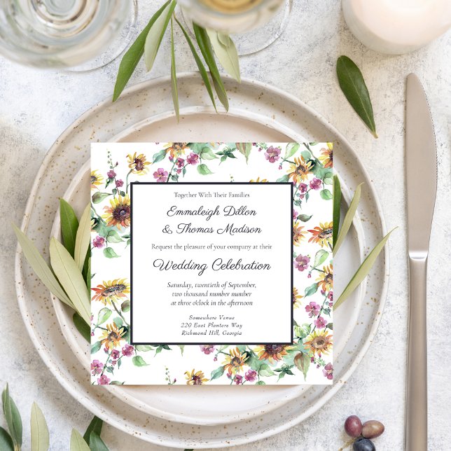 Solrosblommor, vattenfärg Blommigt Mönster Bröllop Inbjudningar (Skapare uppladdad)