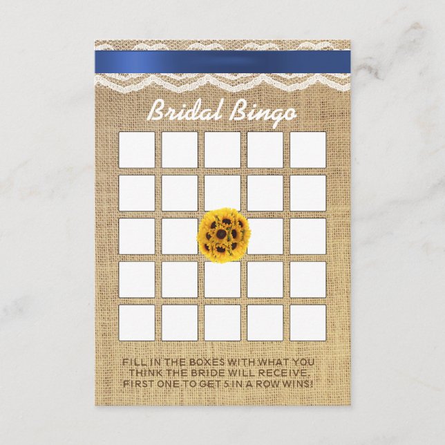 Solrosboll spets och jute Bröllopsdusch Bingo (Framsida)