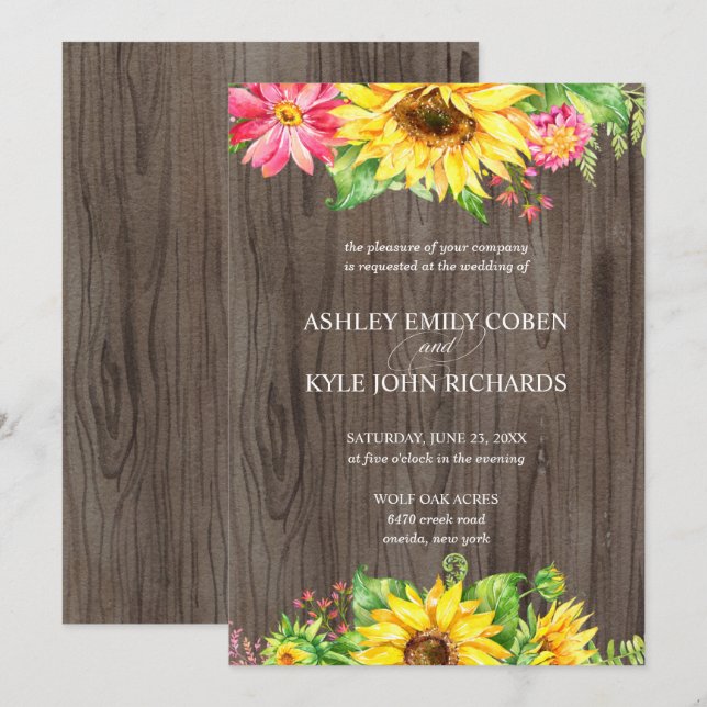 Solrosbröllop - inbjudan med träbakgrund (Fram/baksida)