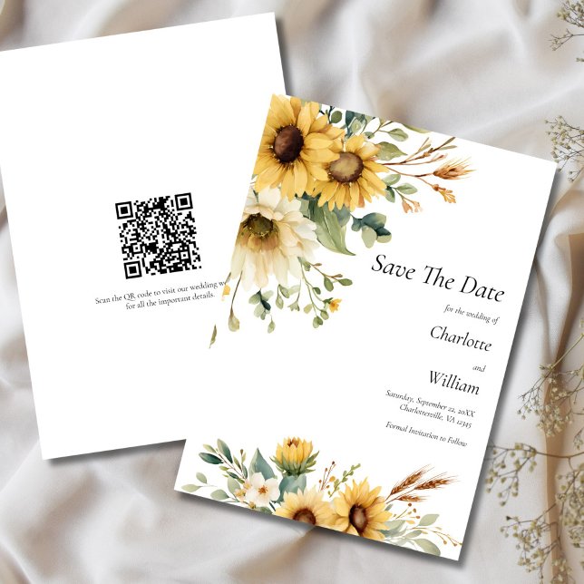 Solrosbröllop Spara Datum QR-kod Inbjudningar (Sunflowers Rustic Country Farmhouse QR Code Wedding Save the Date Card)