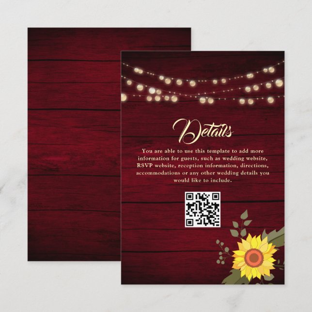 Solrosbröllopsdetaljer QR-kod Tilläggskort (Fram/baksida)