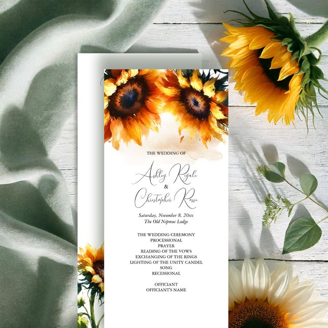 SolrosBröllopsprogram - Rustic Program (Rustic wedding programs watercolor sunflowers exclusive to VG Invites)