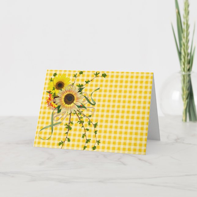 Solrosbukett med blankt kort på gingham (Framsida)