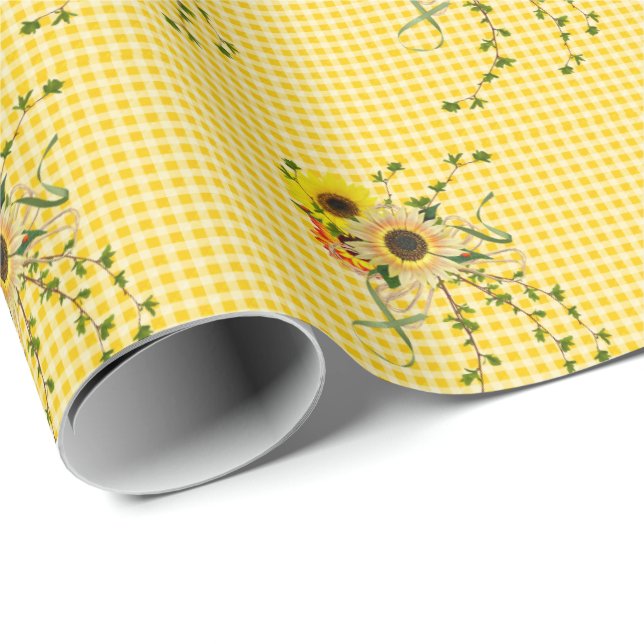 Solrosbukett på gingham presentpapper (Rullad Hörn)
